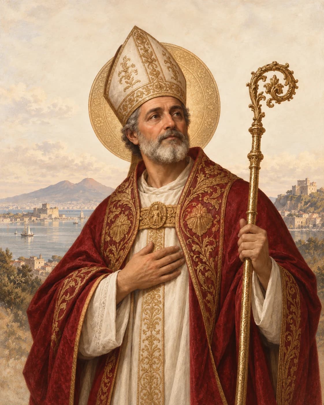 Painted portrait of San Gennaro in ivory and gold bishop’s mitre and red embroidered vestments, with the Bay of Naples behind him.